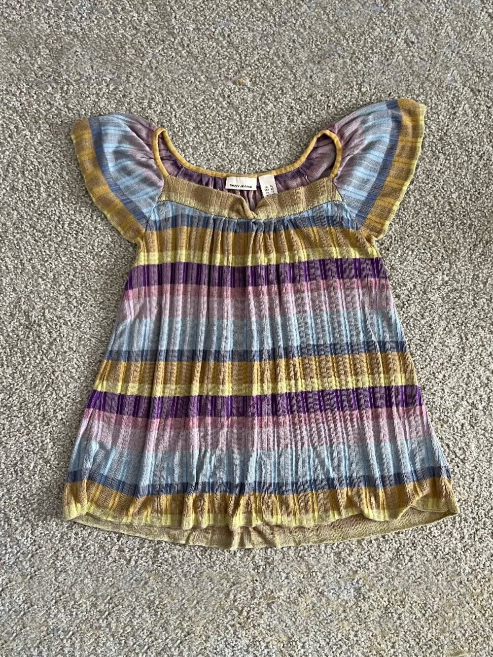 Y2K DKNY Jeans Square Neck Striped Flutter Sleeve Jersey Knit Top Boho Size XL